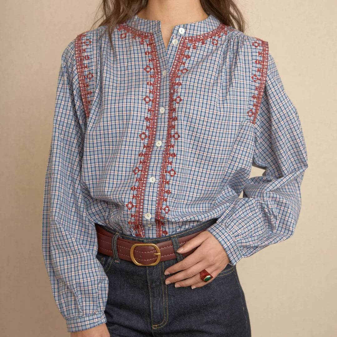 BLUSA CUADROS BORDADOS GEOMÉTRICOS